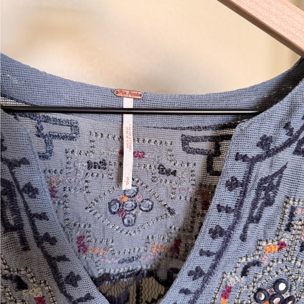 Free People Black Lace Blouse with Blue Embroidery - Picture 5 of 7